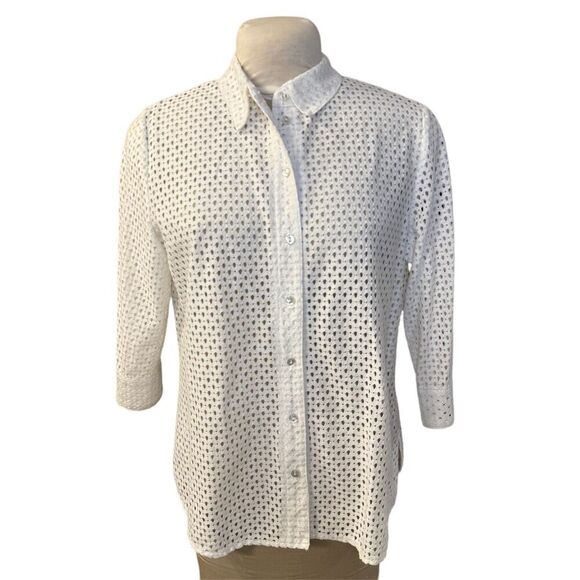 Allison Daley White Eyelet Blouse 3/4 Slv Sz. M Spring Summer Crisp Packable - Picture 1 of 10